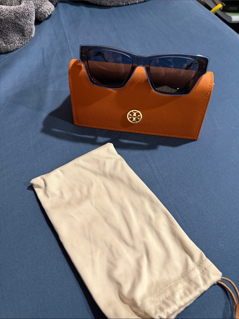 Tory Burch Black Sunglasses with Orange Logo Case and Cream Pouch